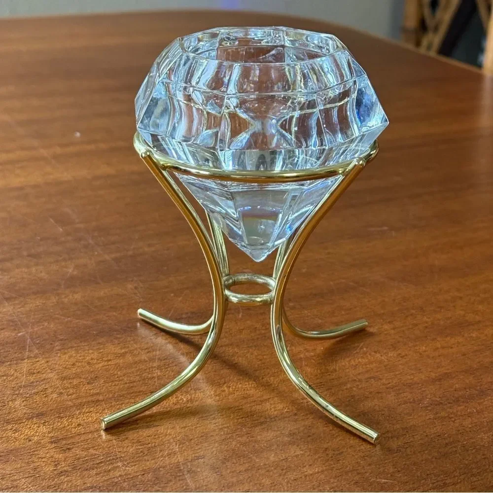 PARTYLITE Diamond Solitaire Shaped 24% Lead Crystal Candle Holder Gold Stand - Picture 4 of 10